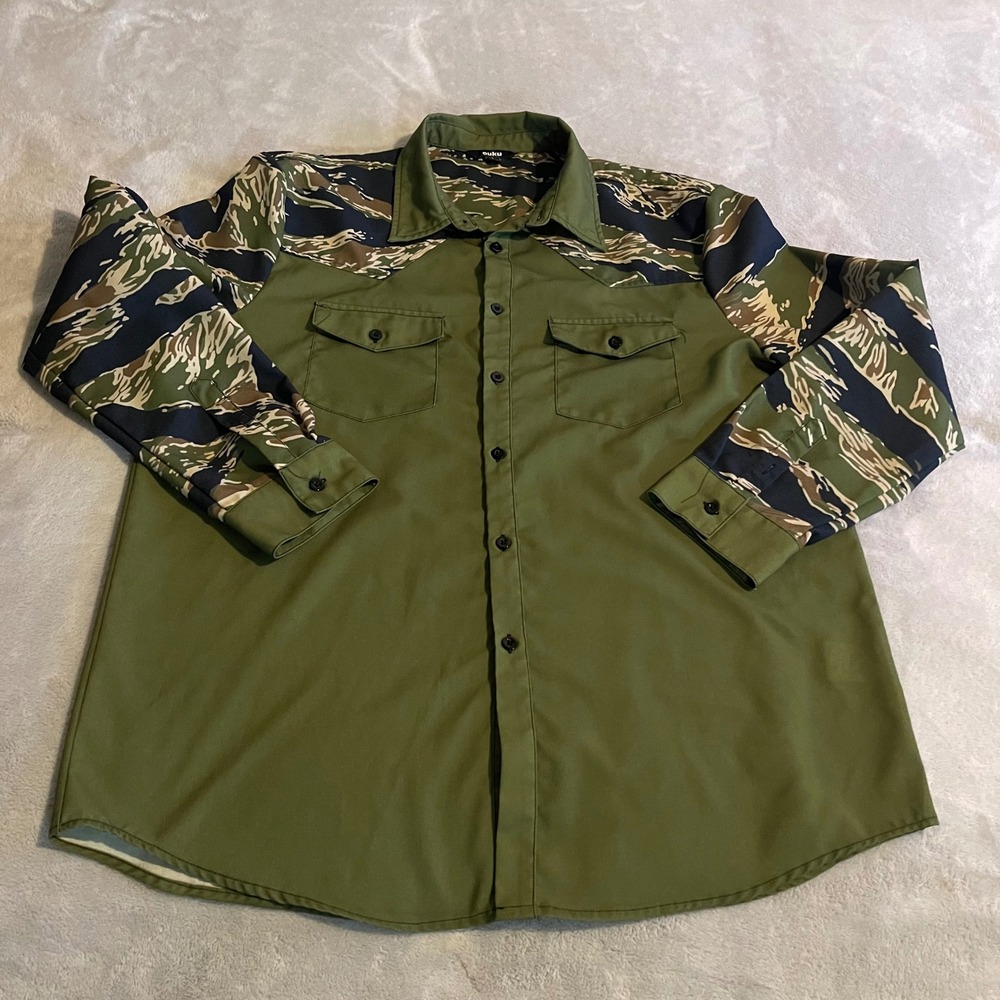 Ouku Shirt Men Large Tiger Stripe Camo Western Olive Green Long Sleeve Button Up